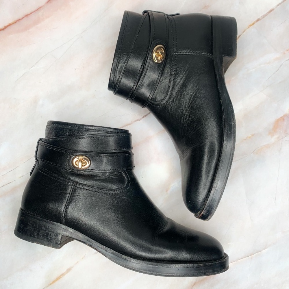 Black Leather Ankle Boots with Gold Accent